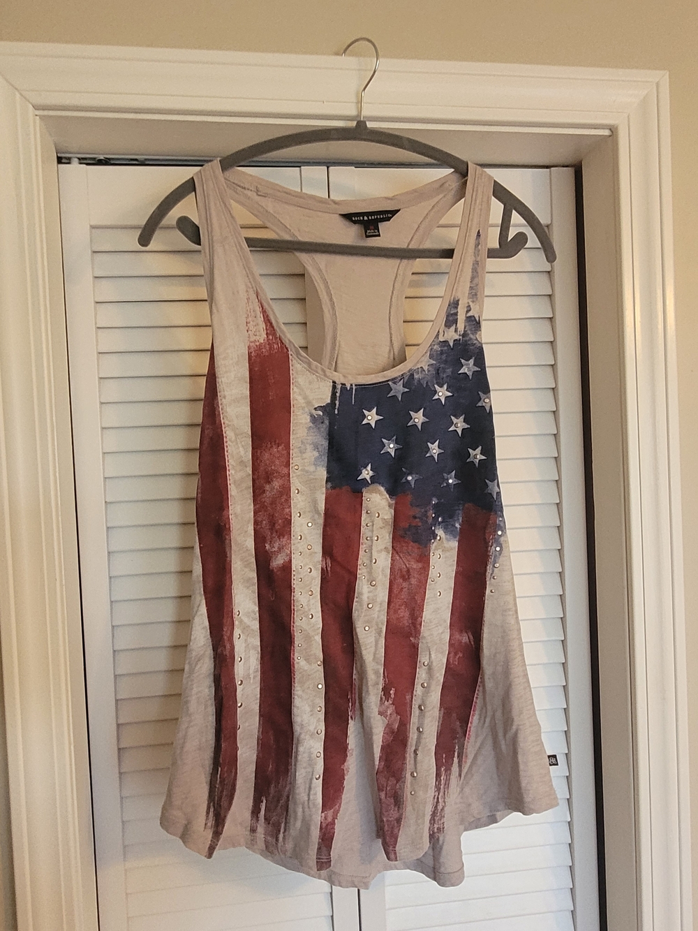 Rock & Republic Beige Tank with Distressed Red and Blue Flag Motif